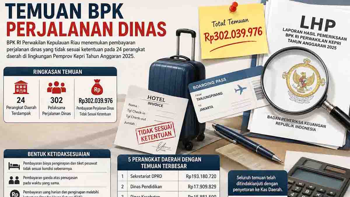 BPK Temukan Kelebihan Pembayaran Perjalanan Dinas Rp302 Juta di 24 OPD Pemprov Kepri