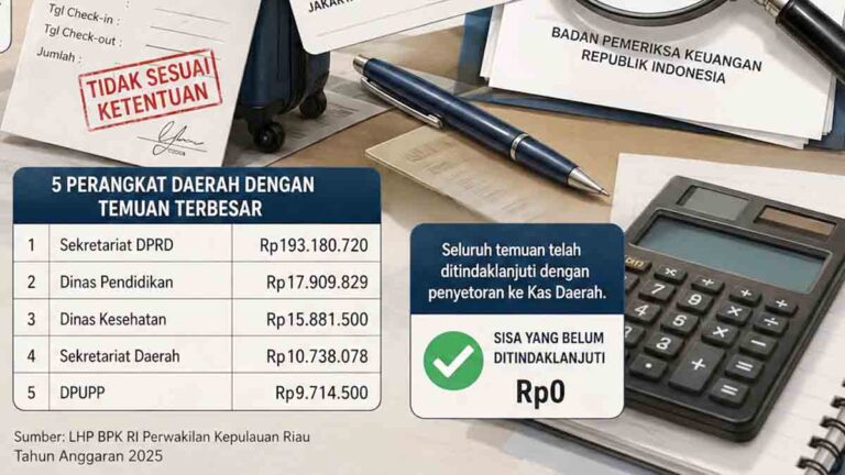 Ini Lima OPD Pemprov Kepri dengan Nilai Temuan Perjalanan Dinas Terbesar Versi BPK