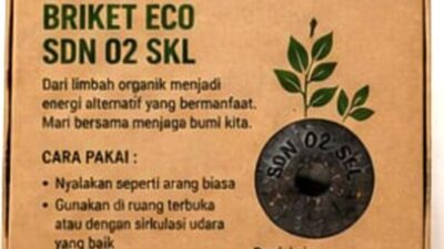 Briket BRIKOLA hasil olahan limbah kelapa di SDN 002 Seri Kuala Lobam.