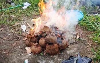Limbah tempurung dan sabut kelapa sebagai bahan baku BRIKOLA di SDN 002 Seri Kuala Lobam.