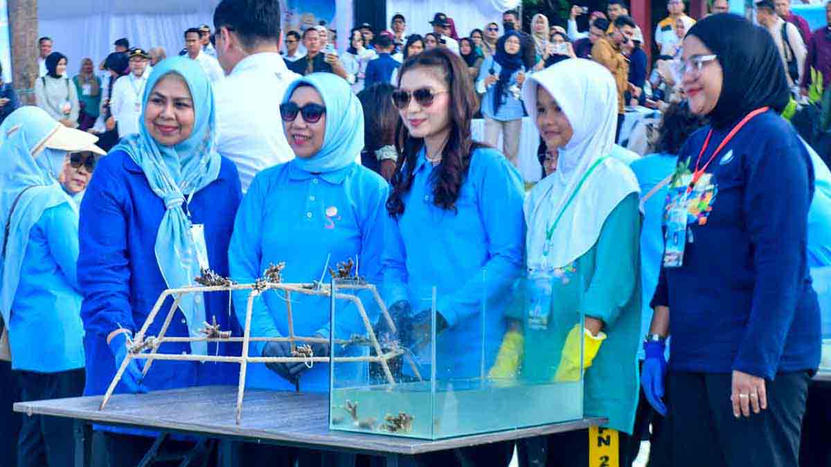Selvi Ananda Gibran mengikuti aksi transplantasi terumbu karang dan pelepasliaran tukik di Pantai Dugong Bintan.